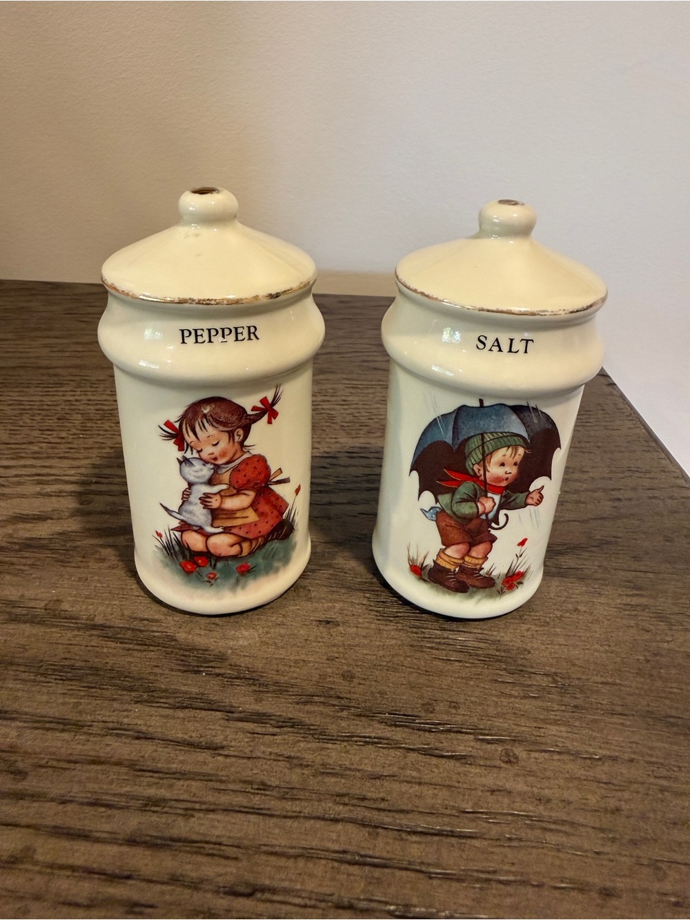 Vintage J.S.N.Y. Hummel Style Cream Salt & Pepper Shaker Canister Set